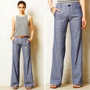 PILCRO Anthropologie Wide Leg Linen Blend Chambray Pants Blue Size 6